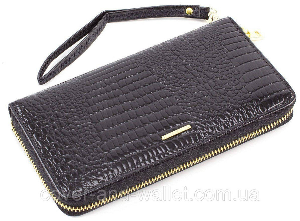Черный женский кожаный лаковый кошелек на молнии для денег и карт Marco Coverna Киев - изображение 1