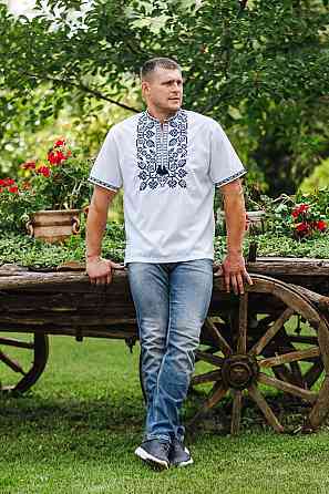 Вышиванка льняная, мужская, белая, короткий рукав, лен,  топ Киев