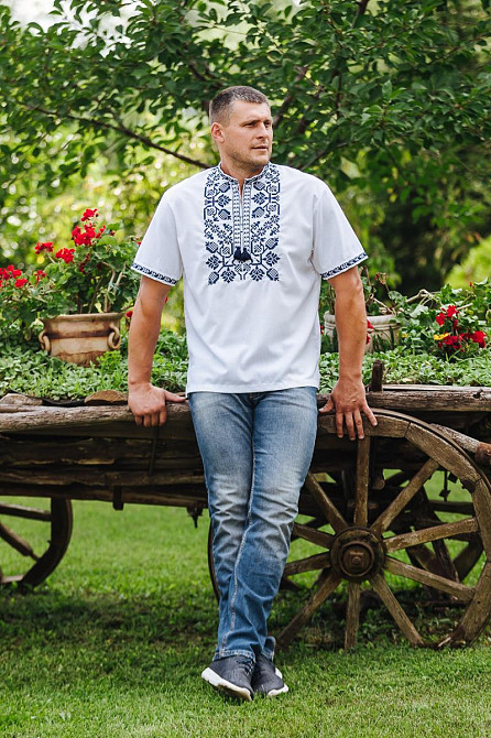 Вышиванка льняная, мужская, белая, короткий рукав, лен,  топ Киев - изображение 2