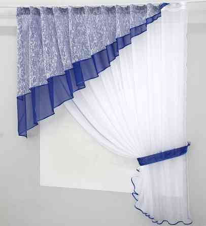 Кухонная шторка VR-Textil № 00к с ламбрекеном белый с синим 290х170 см (59-635) Киев