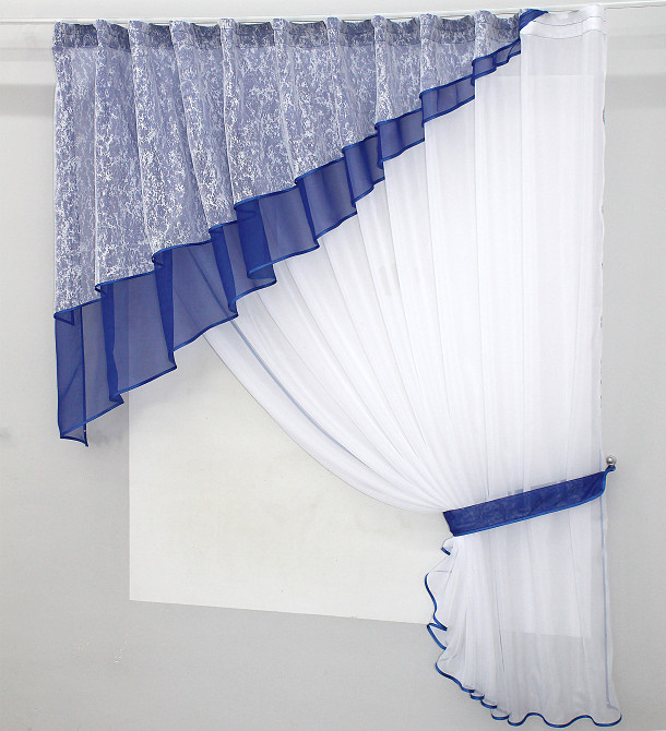 Кухонная шторка VR-Textil № 00к с ламбрекеном белый с синим 290х170 см (59-635) Киев - изображение 2