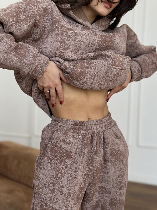 Теплый костюм женский мраморный принт на флисе Бежевый S-M Харьков - изображение 7