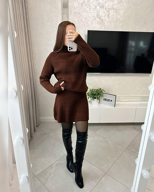 Женский базовый теплый костюм двойка мелкая машинная вязка Шоколад Одесса - изображение 3