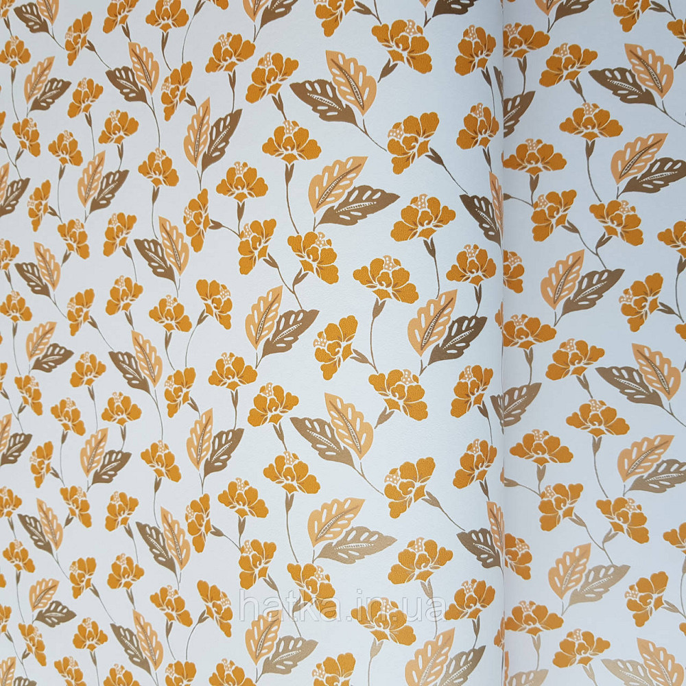 Обои виниловые на флизелине Caselio Mystery 0.53х10 м маленькие яркие цветы листья оранжевые на белом Киев - изображение 2
