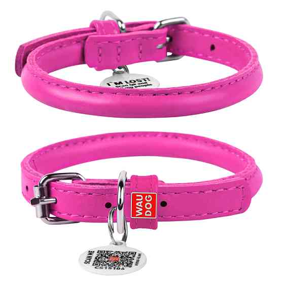 Нашийник для собак шкіряний WAUDOG Glamour з QR паспортом, круглий, Д 6 мм, Дов 17-20 см рожеви Коломыя