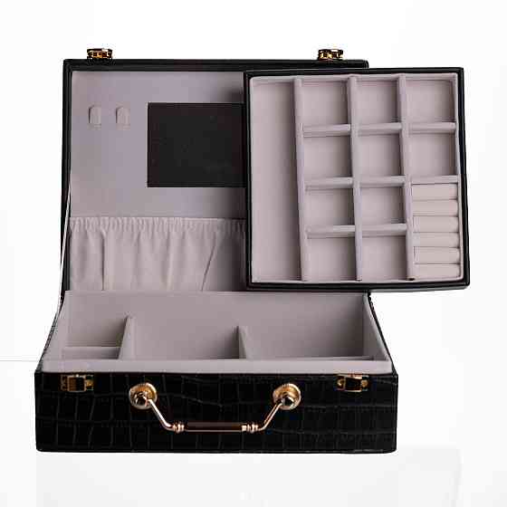 Скринька для прикрас з еко шкіри 19 відділень з дзеркалом 23.5×14×8 см Чорний HP-5-20B Коломыя