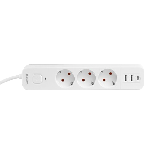 Мережевий подовжувач із заземленням 3 розетки/2USB-A/1Type-C 3м з кнопкою білий VF-PD33G2U1C-W Oncord Videx Житомир
