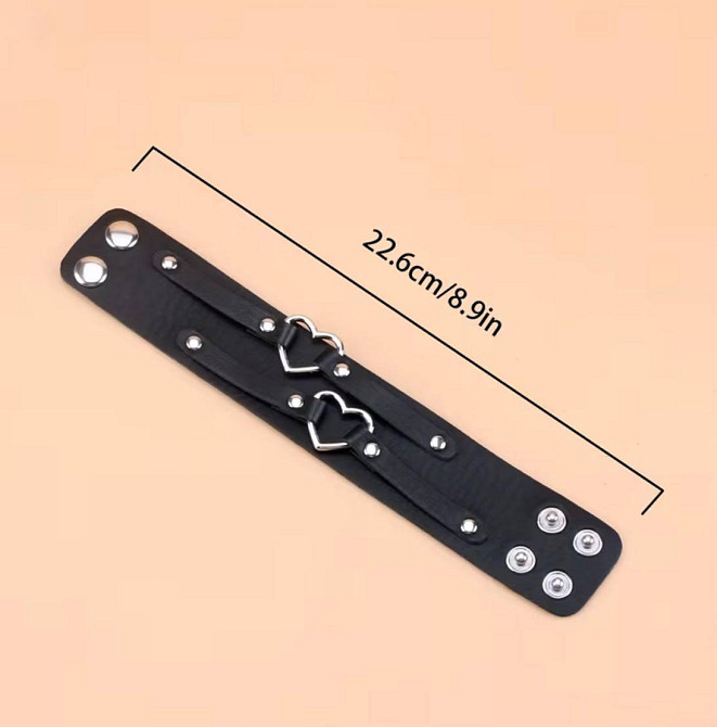 Браслет зі штучної шкіри з серцями чорний, панк браслет унісекс, готичний аксесуар на руку Київ - фото 5