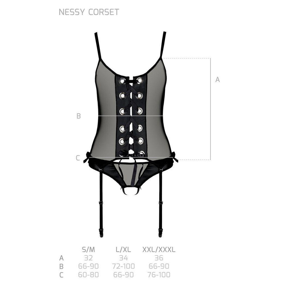 Корсет зі шнурівкою Passion NESSY CORSET L/XL black, стрінги з відкритим доступом, пажі для панчіх Sex Aura Київ - фото 5