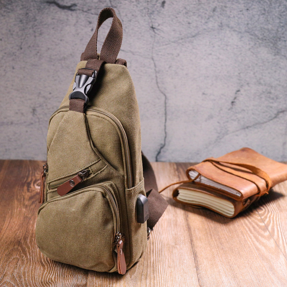Сумка через плече з USB кабелем чоловіча із щільного текстилю 21223 Vintage Оливкова Київ - фото 3