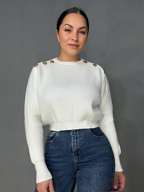 Светр жіночий MIX RAY 6733 укорочений з золотими ґудзиками на плечах, білий, one size Київ - фото 17