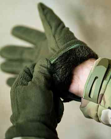 Утеплені замні флісові рукавички з хутром олива ПП8211 Одеса