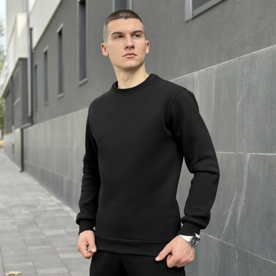Чоловічий світшот Pobedov теплий модний без капюшона на зиму однотонний чорний Одеса
