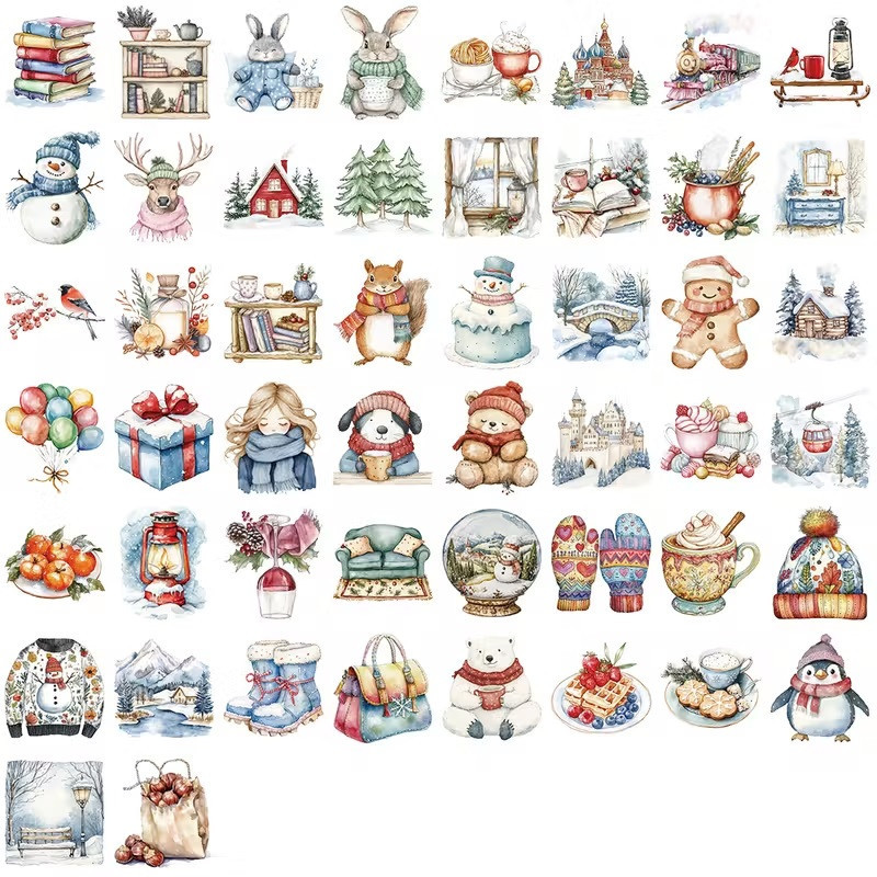 Набір зимових стікерів 50 шт — акварельні наліпки в затишному стилі Київ - фото 4
