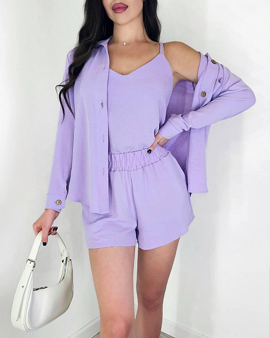 Жіночий легкий костюм-трійка: сорочка, майка та шорти креп жатка Фіолетовий, 44/46 Одеса - фото 1
