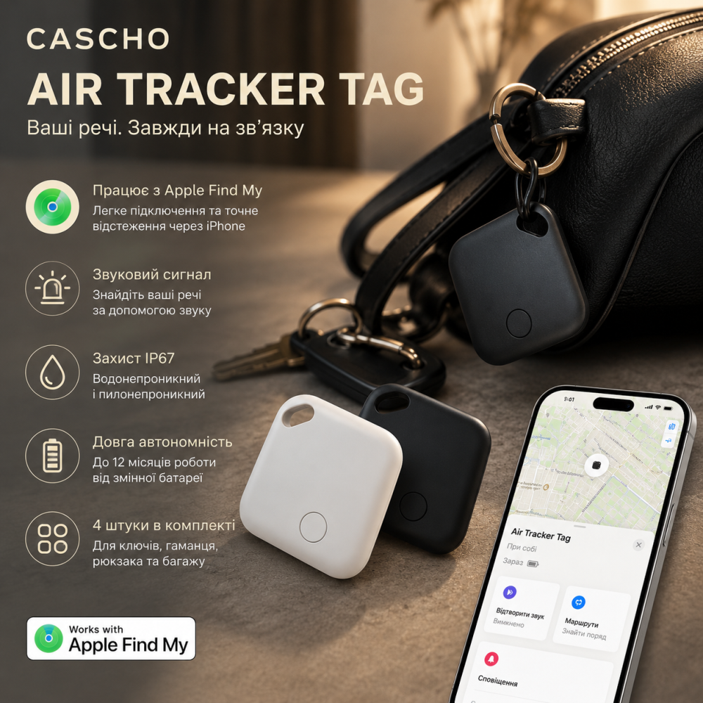 Bluetooth трекер CASCHO Air Tracker Tag 4 шт для Apple Find My, пошук ключів і багажу, IP67, iOS Київ - фото 8