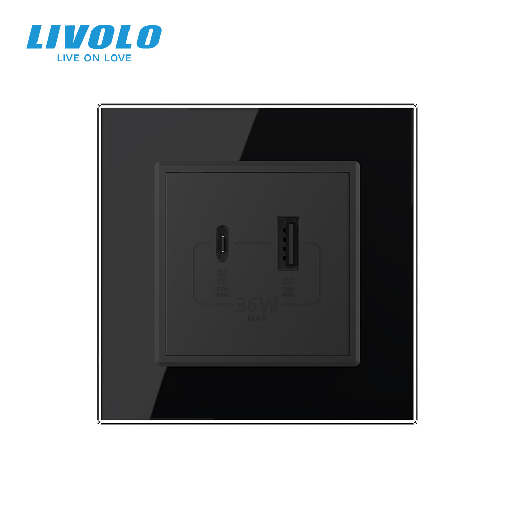 LIVOLO Розетка USB-A та USB-C з Power Delivery 36W LIVOLO чорна матова скло Коломия - фото 8