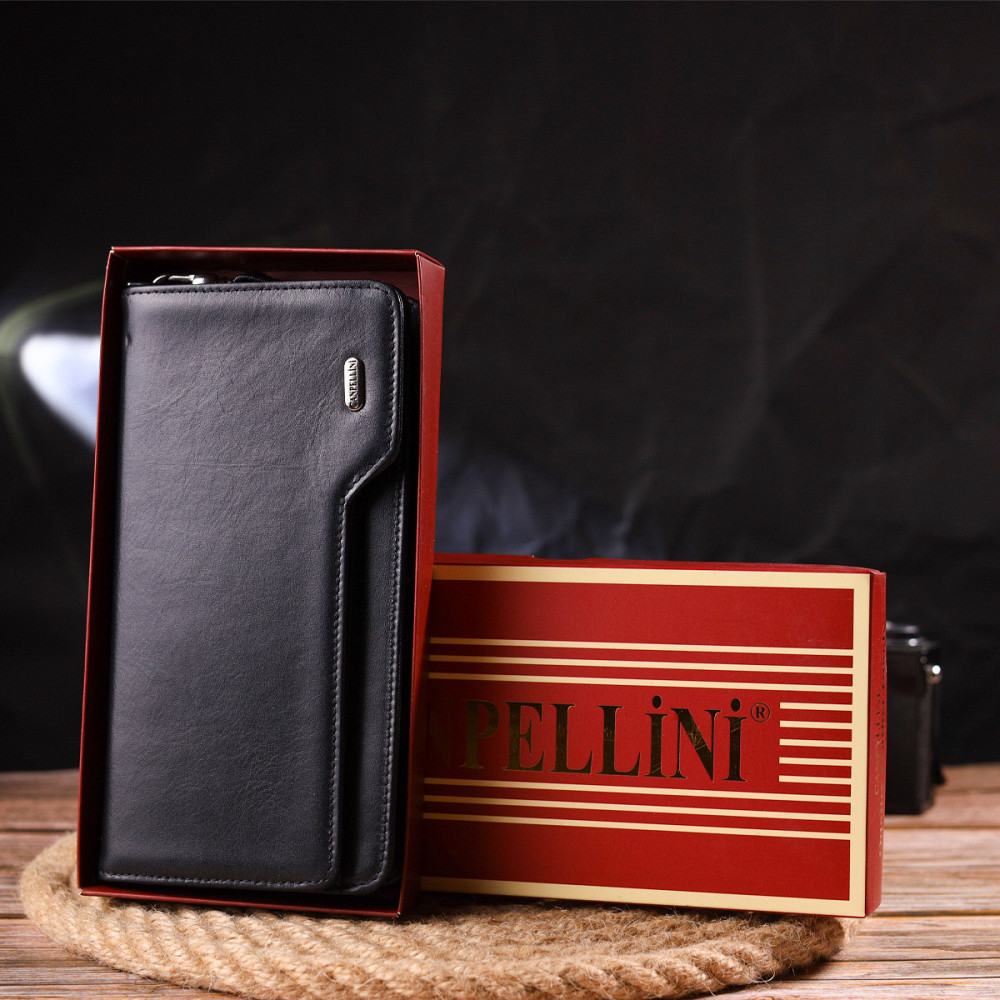 Практичное портмоне клатч из натуральной гладкой кожи Черное (CANPELLINI) Киев - изображение 4