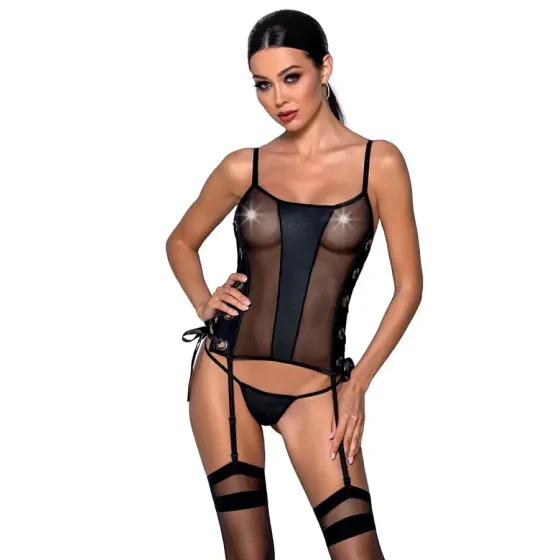 Сітчастий корсет з люверсами та знімними пажами Passion MALWIA CORSET S/M, black, екошкіра, стрінги Львов