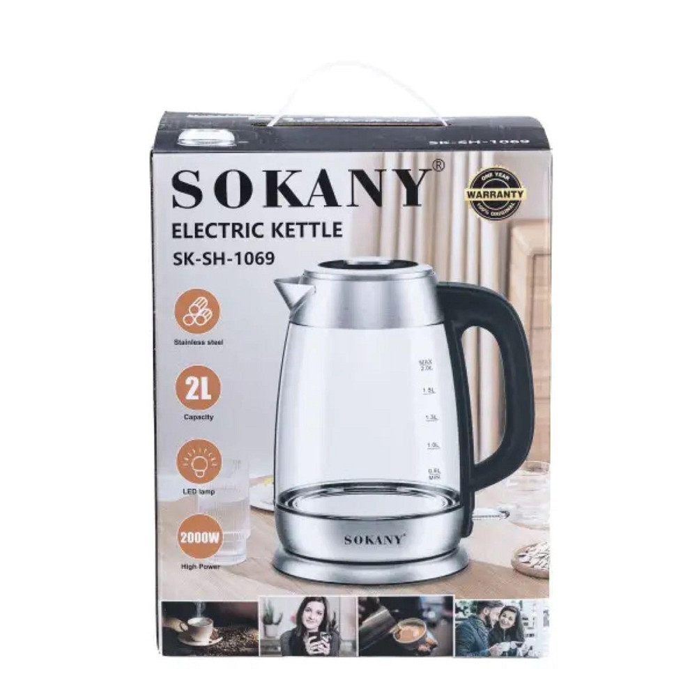 Електрочайник Sokany Electric Kettle 2000W 2l прозорий чайник SKSH1069 Київ - фото 8