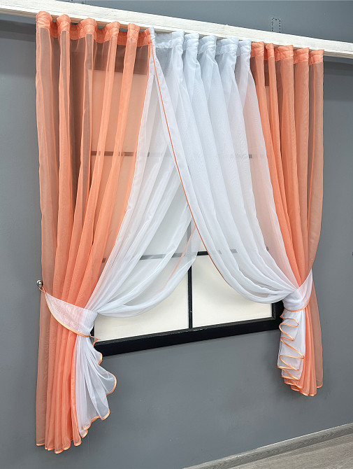 Кухонные шторки VR-Textil № 096к с подвязками персиковый с белым 400х170 см (52-1184) Киев - изображение 2