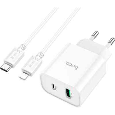 Зарядное устройство HOCO C80A Plus Rapido 1xUSB-C PD20W + 1xUSB QC3.0 + cable USB-C to Lightning White (6931474779892) Винница