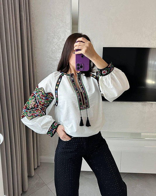 Женская современная вышиванка с завязками и кисточками 80% хлопок, 20% полиэстер Одесса - изображение 7