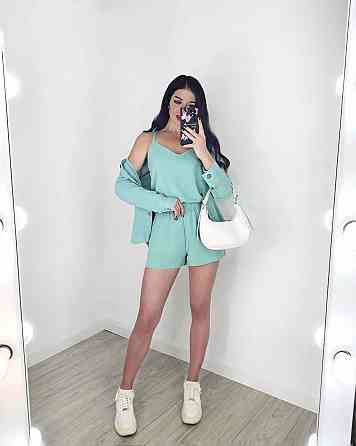 Жіночий легкий костюм-трійка: сорочка, майка та шорти креп жатка Оливка, 44/46 Одеса