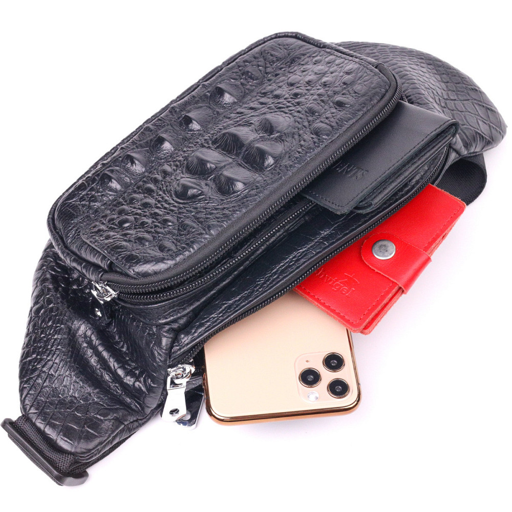 Стильна поясна сумка з натуральної шкіри з фактурою під крокодила 21297 Vintage Чорна Київ - фото 7