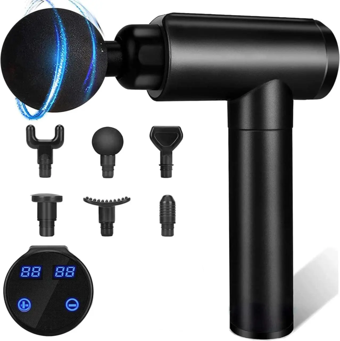Перкуссионный массажер Cholas Massage Gun, 30 скоростей, 6 насадок, LED-дисплей, 2400 мА·ч, черный Киев - изображение 1