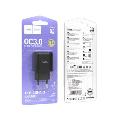 Мережевий зарядний пристрій Hoco C140A Smart single port QC3.0 charger(EU) Black (6942007627788) Киев - изображение 5