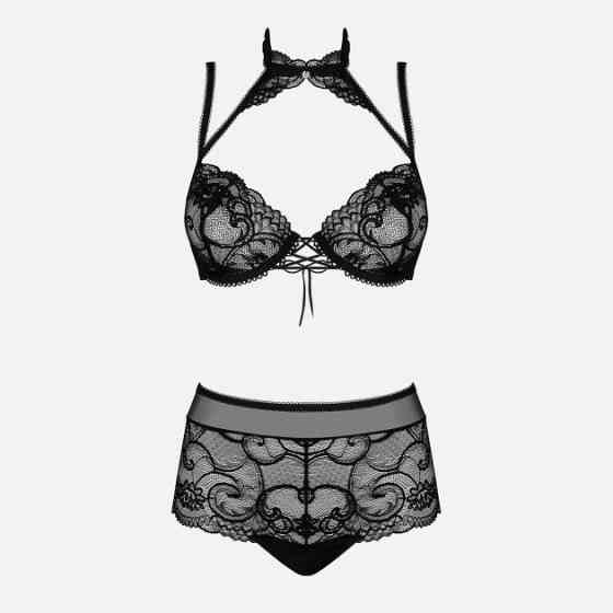 Комплект кружевной Obsessive Elizenes с чокером, черный, L/XL Sex Aura Киев