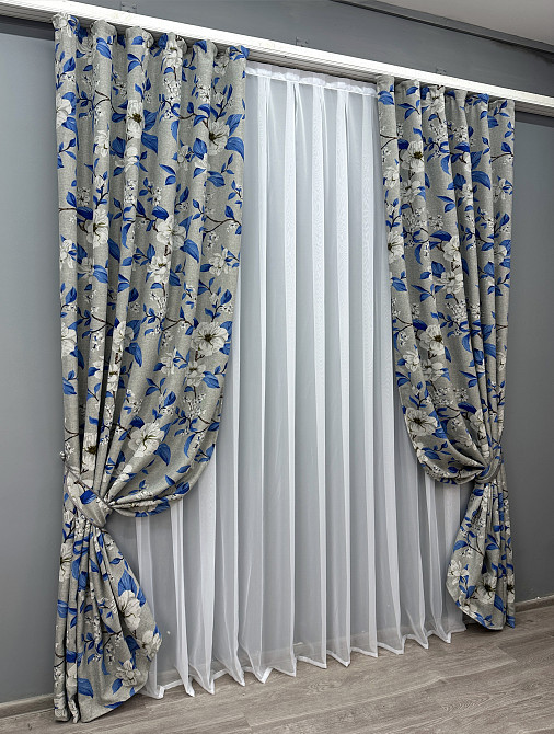 Комплект готових штор VR-Textil Льон з квітковим принтом "Прованс" № 1725ш Світло-сірий з синім 100х270 см 2 шт (31-827) Київ - фото 8
