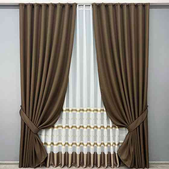 Комплект штор VR-Textil Льон Мішковина 150х270 2шт і Тюль 400х270 277ш-1579т Коричневий з молочним 71-159/3 Київ