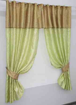 Кухонные шторы VR-Textil № 073к с ламбрекеном и подхватами салатовый с золотистым 270х170 см (52-0155) Киев