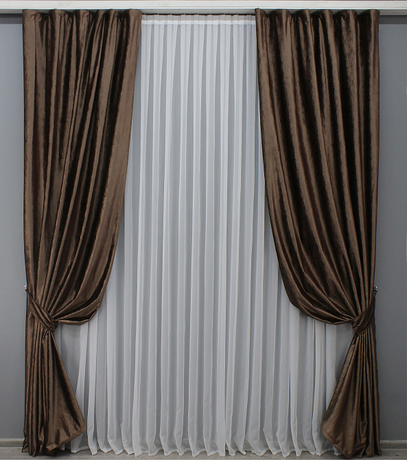 Комплект готовых штор VR-Textil Бархат № 1443ш Коричневый 150х275 см 2 шт (33-0308) Киев - изображение 2