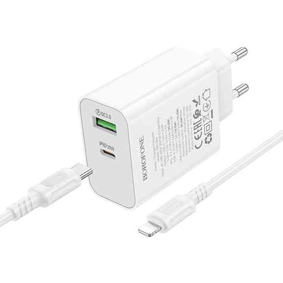 Мережевий зарядний пристрій з кабелем BOROFONE BA108A Stellar PD30W+QC3.0 charger set (C to iP) (EU) White Одеса