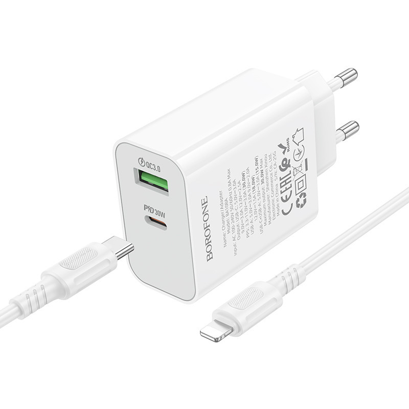 Мережевий зарядний пристрій з кабелем BOROFONE BA108A Stellar PD30W+QC3.0 charger set (C to iP) (EU) White Одеса - фото 3