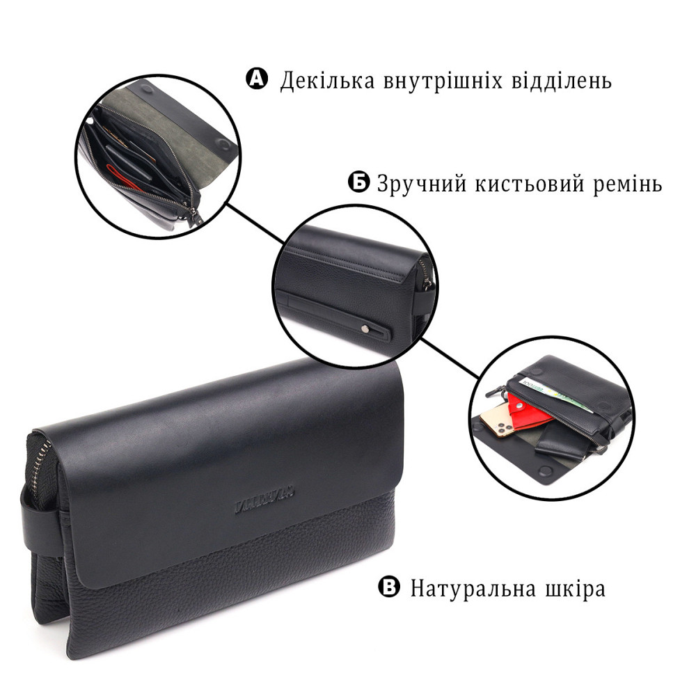 Красивый мужской клатч из натуральной комбинированной кожи CANPELLINI 21564 Черный Киев - изображение 4
