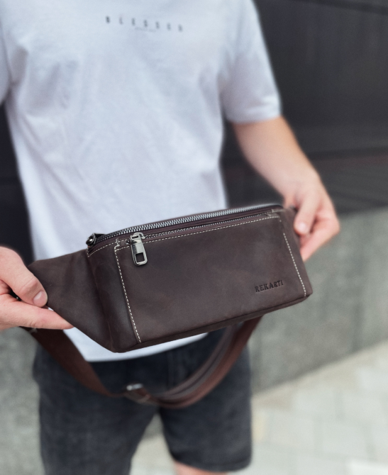 Сумка-бананка зі шкіри 24х11х8, чоловічий крейзі хорс для гаджетів на пояс CH-7371 коричнева Київ - фото 3