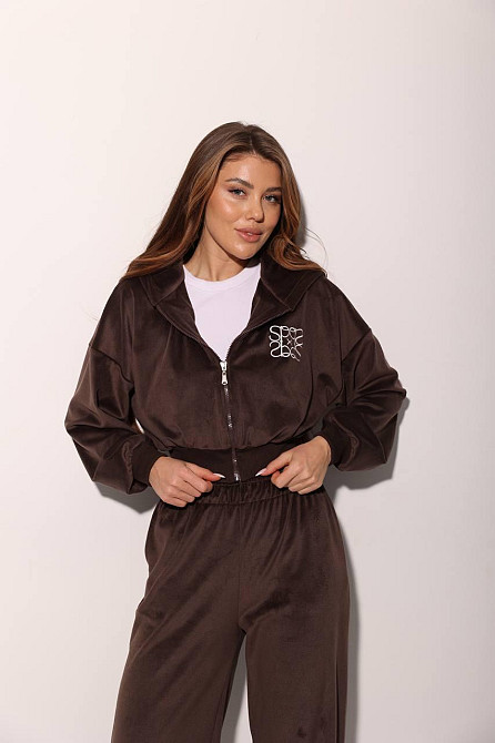 Женский прогулочный костюм двойка: кофта на молнии и брюки велюр Шоколадный, 42/46 Одесса - изображение 7