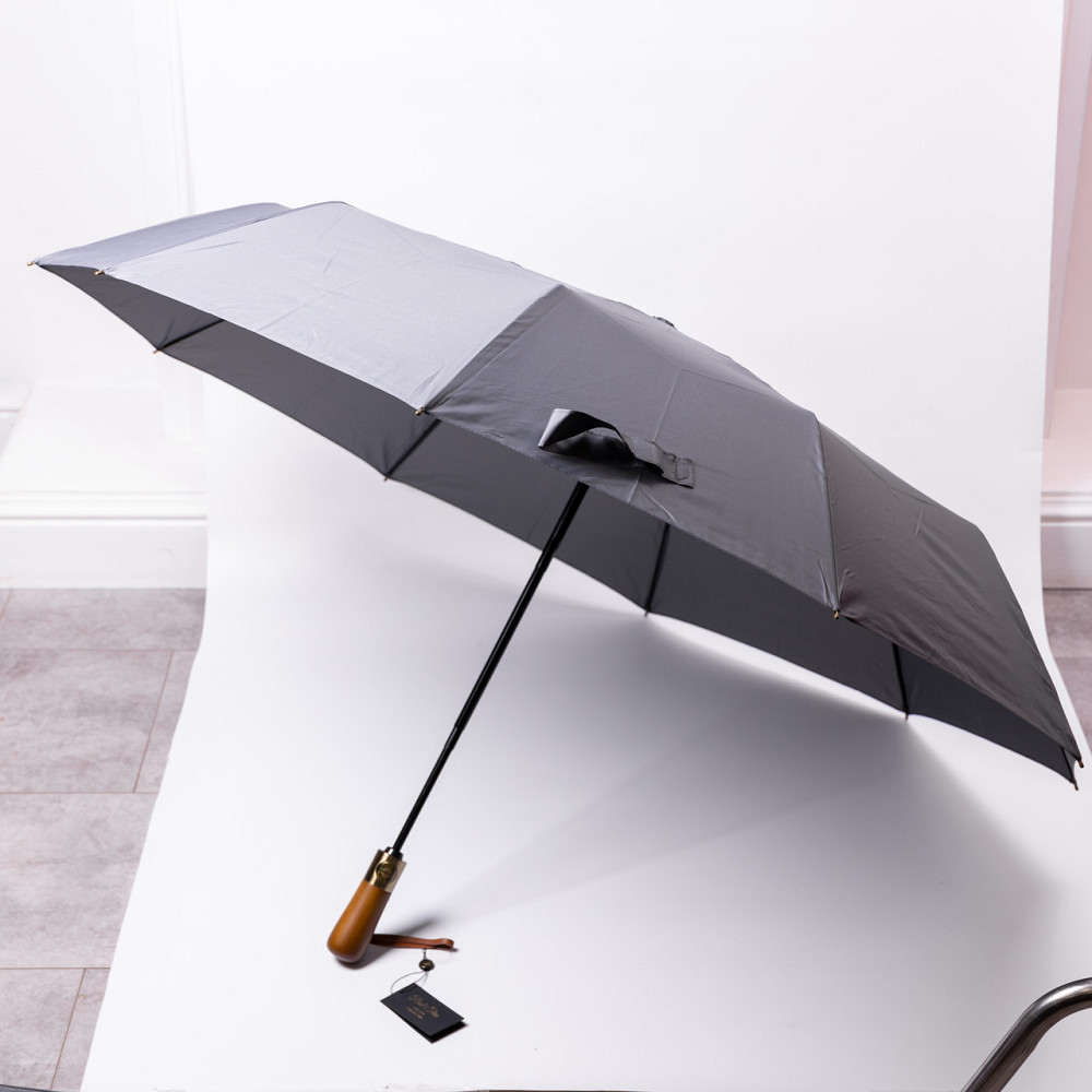 Зонт автоматический с деревянной ручкой классический из полиэстера диаметр 116 см Серый HP-23-8G Киев - изображение 5