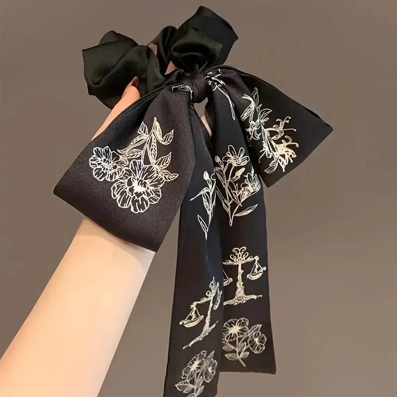 Французька гумка для волосся з чорною атласною стрічкою і квітковим візерунком Киев - изображение 2