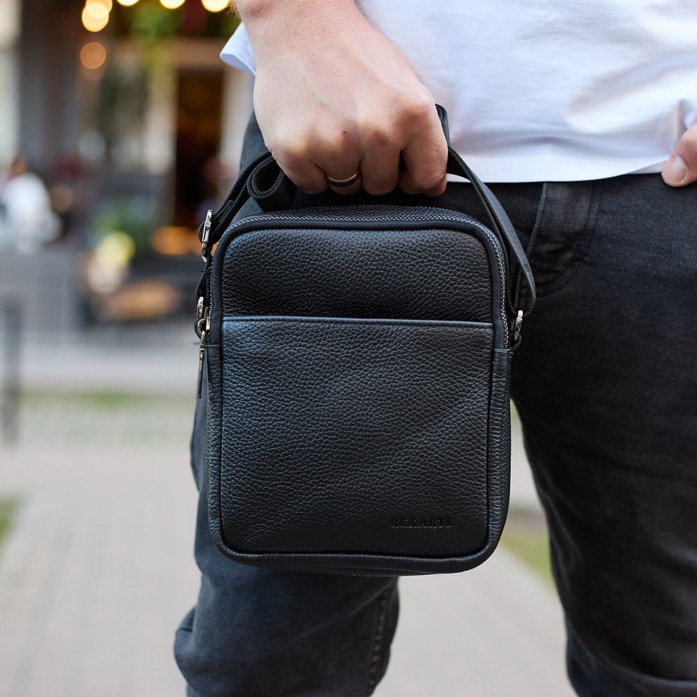 Чоловіча барсетка через плече, зернистая кожа 20х16х6, месенджер для міста, сумка для телефону та документів, чорна Кам'янське - фото 5