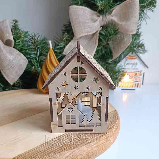 Будиночок-підвіска 10 см з LED підсвіткою — новорічна прикраса з дерева. Святковий декор ручної роботи Ірпінь