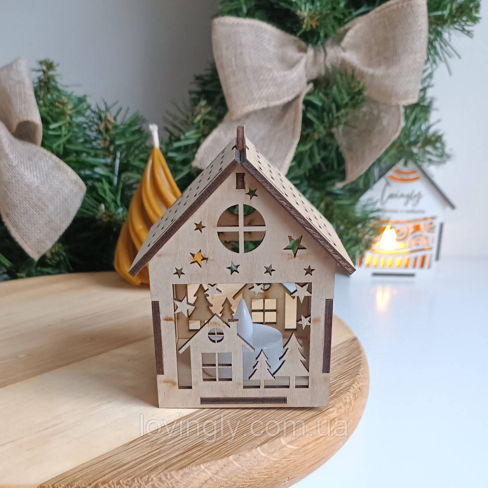 Домик-подвеска 10 см с LED подсветкой - новогоднее украшение из дерева. Праздничный декор ручной работы. Ирпень - изображение 1