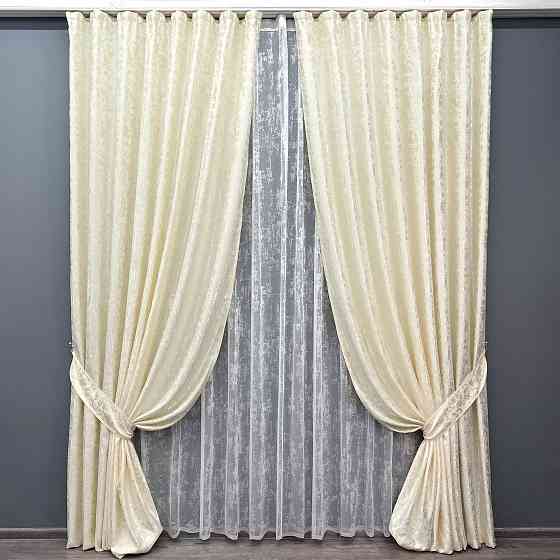 Комплект штор VR-Textil Льон Мармур 150х270 2шт і Тюль 400х270 1908ш-1400т Молочний з білим 71-136/3 Київ