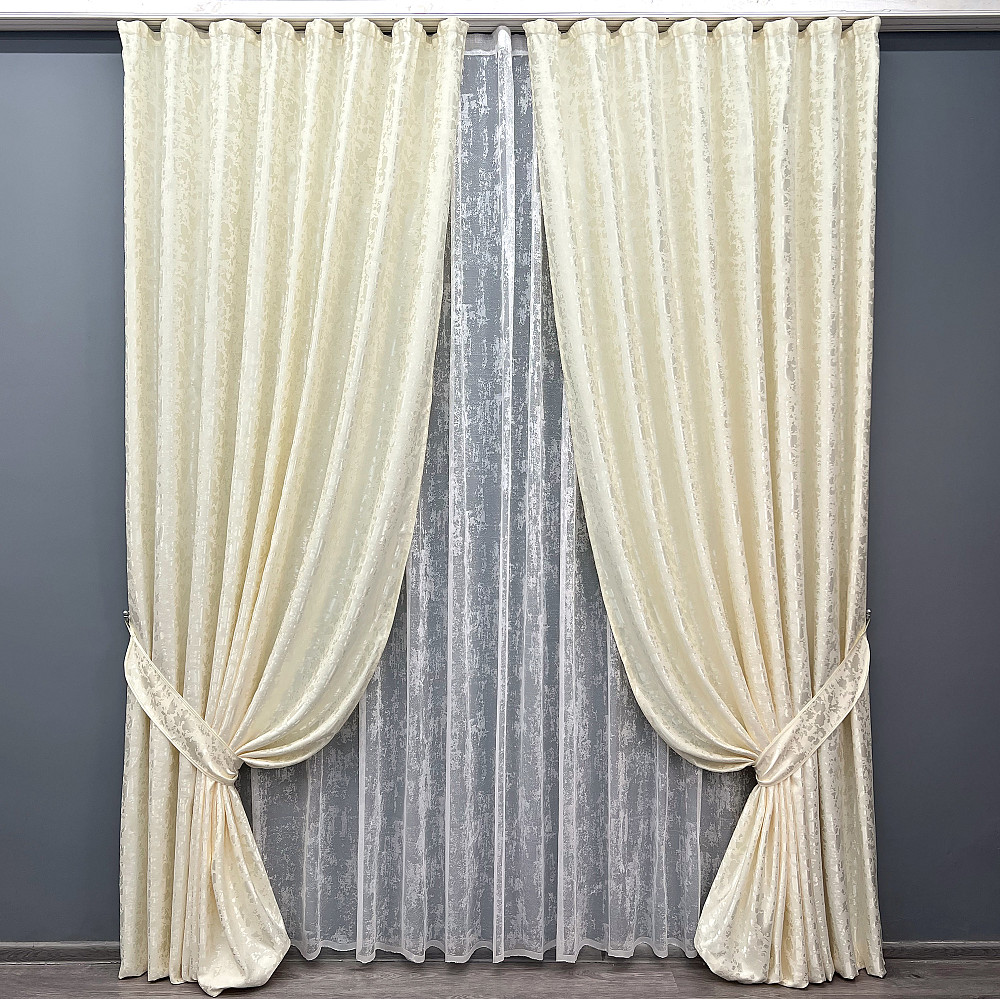 Комплект штор VR-Textil Льон Мармур 150х270 2шт і Тюль 400х270 1908ш-1400т Молочний з білим 71-136/3 Київ - фото 1