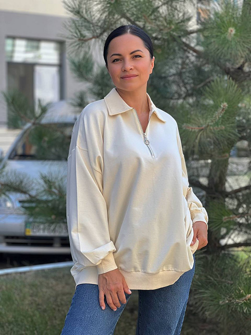 Свитшот женский MY CITY 8779 супер оверсайз свободный воротник молния one size, молочний, one size Киев - изображение 8