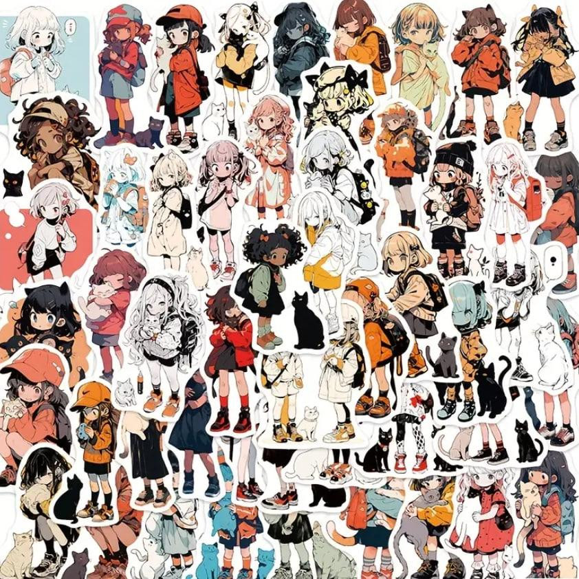 Набір наклейок з малюнками аніме дівчаток з кішками (50 шт.), стікербомбінг аніме Київ - фото 1